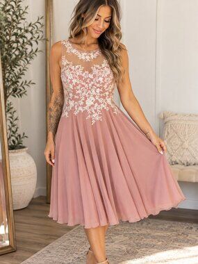 Azazie Charlotte Dusty Rose Floral Lace Chiffon Dress Size A10 0056